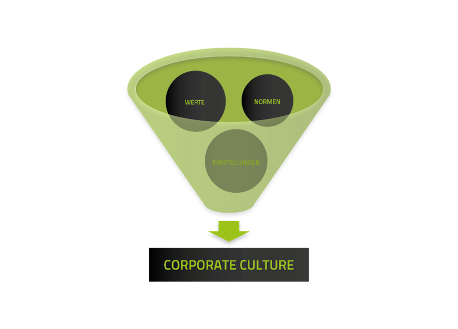 Die Corporate Culture umfasst Werte, Normen und Einstellungen.